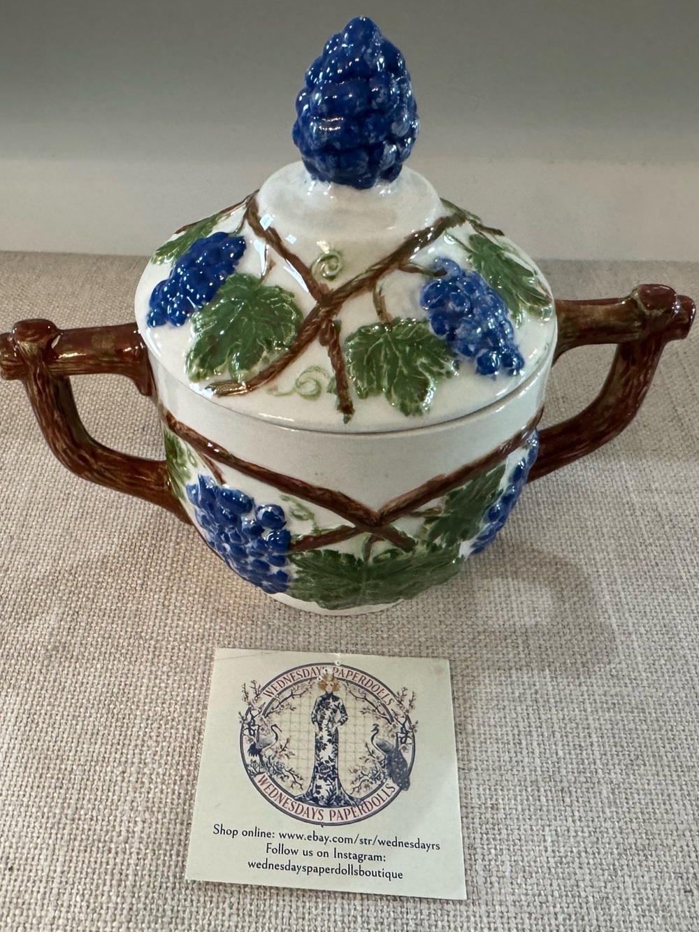 Vintage Majolica Ceramic Grape Sugar Jar/Canister w/ Lid Handle & Side Handles